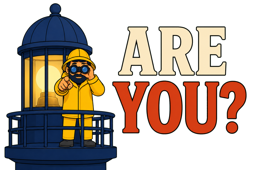 A man with glasses and a beard points forward next to large text that reads ARE YOU?.