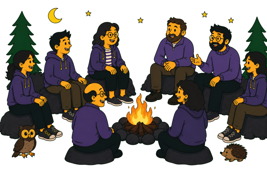 Six people sit in a circle around a campfire at night next to a small owl and a hedgehog.