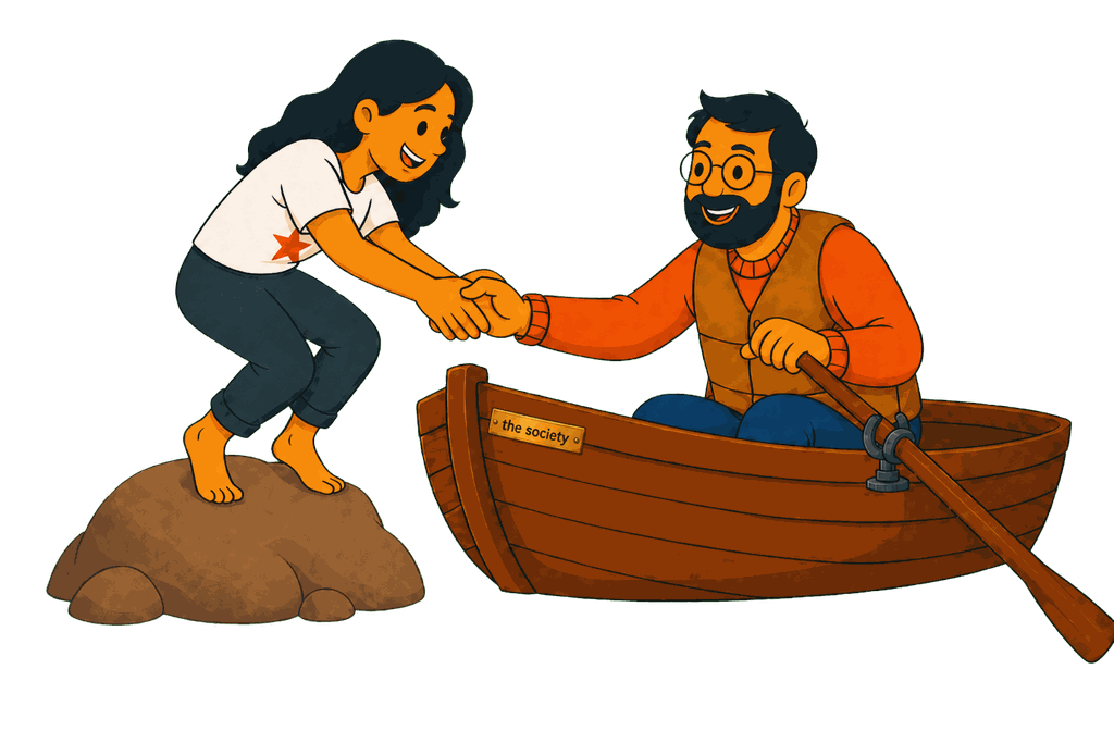 A woman steps off a rock to shake hands with a man holding an oar in a small wooden rowboat.