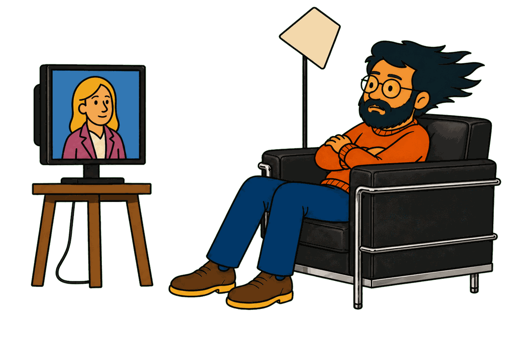 A man with glasses and a beard sits in a black chair with arms crossed facing a television showing a blonde woman.