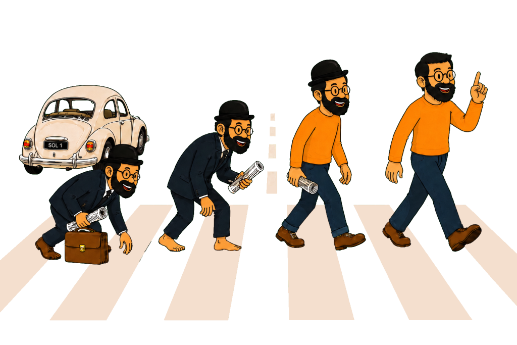 Four apes pay homage to the famous Abbey Road Beatles zebra crossing image in turn demonstrating evolution.