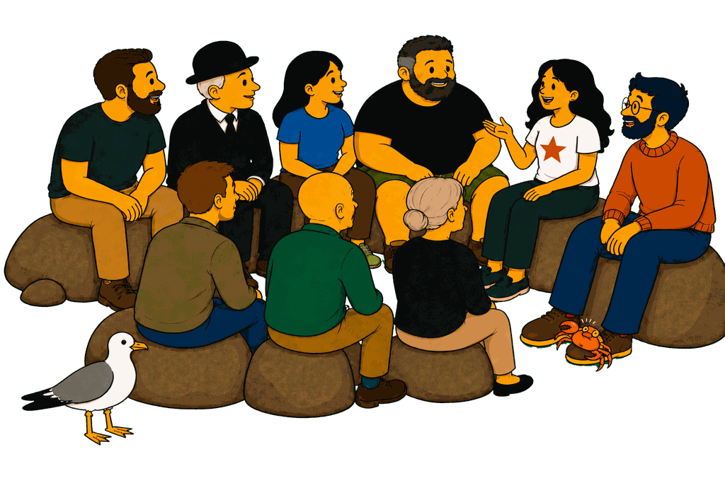 Seven people sit in a circle on rocks talking next to a seagull and a crab.