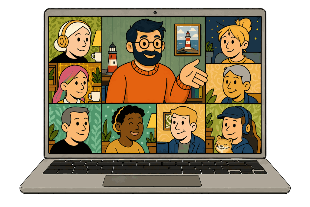 A laptop screen displays a video call grid showing eight people.