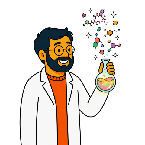 A man in a white lab coat and glasses holds a glowing flask with rising neurochemical molecules.