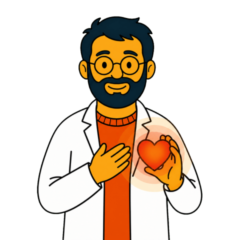 A man in a white lab coat and glasses holds a warm glowing heart to his chest.