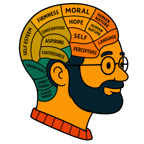 A profile of a man's head divided into coloured sections labelled with psychological traits.