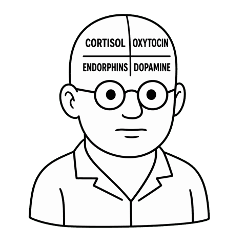 A line drawing of a man's head divided into four sections labelled with hormones.