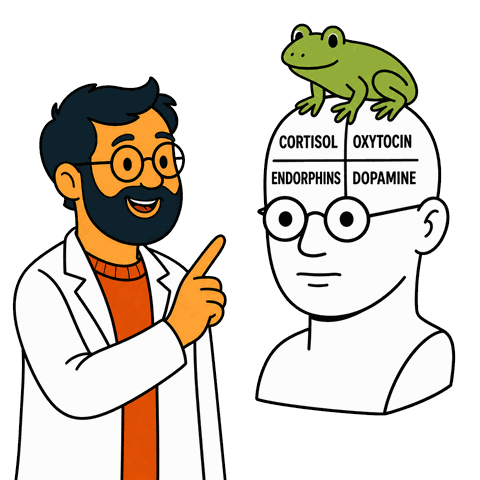A man in a white lab coat points at a bust with a frog on top and sections labelled with hormones.