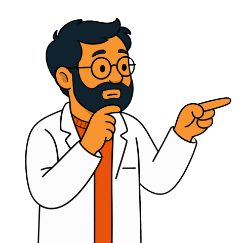 A man in a white lab coat and glasses points a stick at a blackboard displaying charts and graphs.