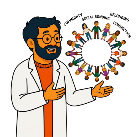 A man in a white lab coat and glasses gestures to a circle of people holding hands.