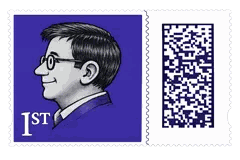 A blue postage stamp showing a man in profile, with dark hair, a full beard and round glasses, next to a barcode block.