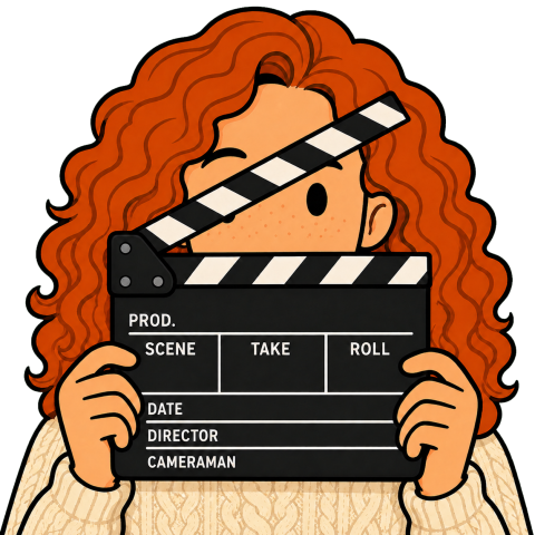 A woman with red curly hair holds a black clapperboard in front of her face.