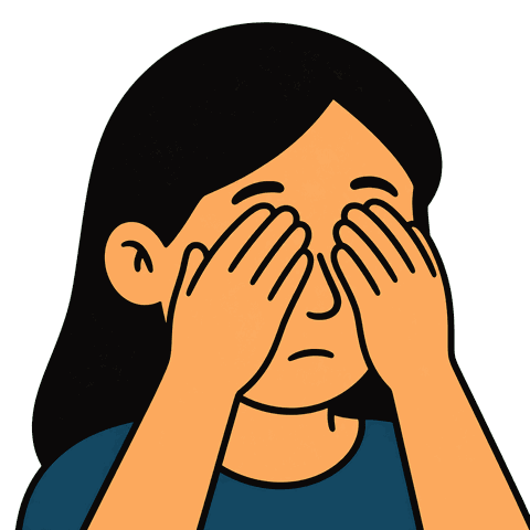 A woman with her hands over her eyes in a blue shirt.