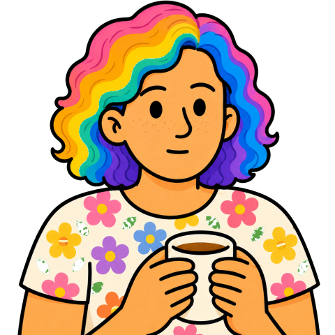 A woman with rainbow-coloured curly hair in a floral shirt holds a white mug.