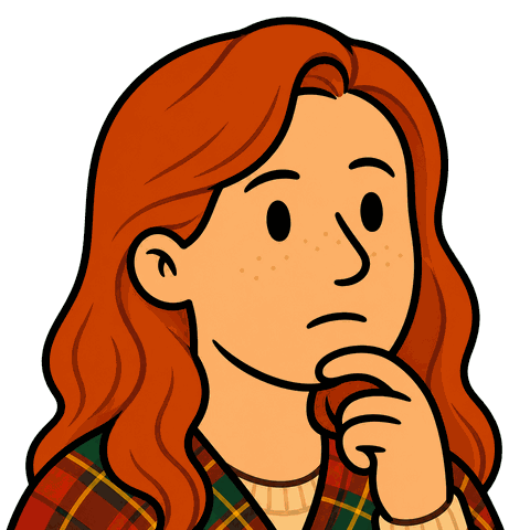 A woman with long red hair in a plaid shirt rests her hand on her chin.