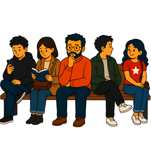 A man with a beard in a blue shirt sits on a crowded subway train resting his hand on his chin.