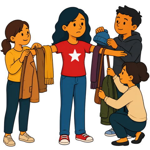 A woman with brown hair holding a paper cup and folders stands among children with backpacks.
