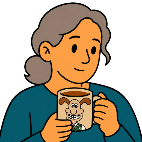 An older woman with grey hair in a blue shirt holds a cartoon character mug.