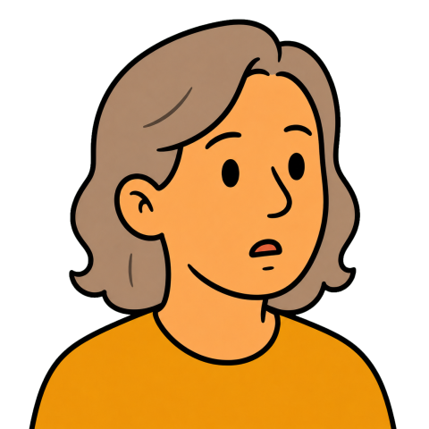 An older woman with grey hair in a yellow shirt looks up slightly.