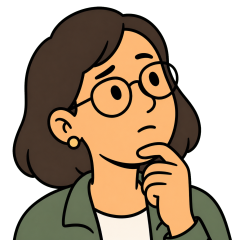 A woman with glasses in a green shirt rests her hand on her chin.