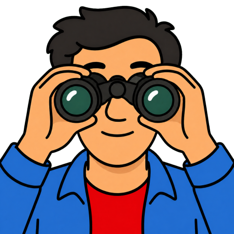 A man with dark hair in a blue shirt over a red shirt looks through green binoculars.